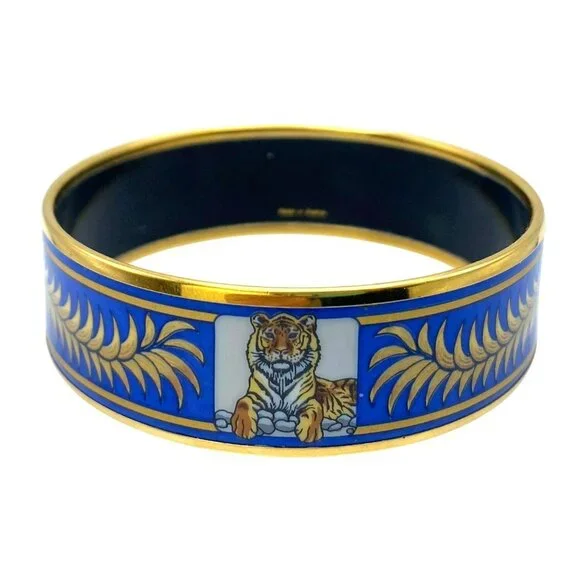 Hermes Tiger Bangle Bracelet Cloisonne Enamel Blue Gold Vintage Size 65 RARE! - Picture 5 of 9